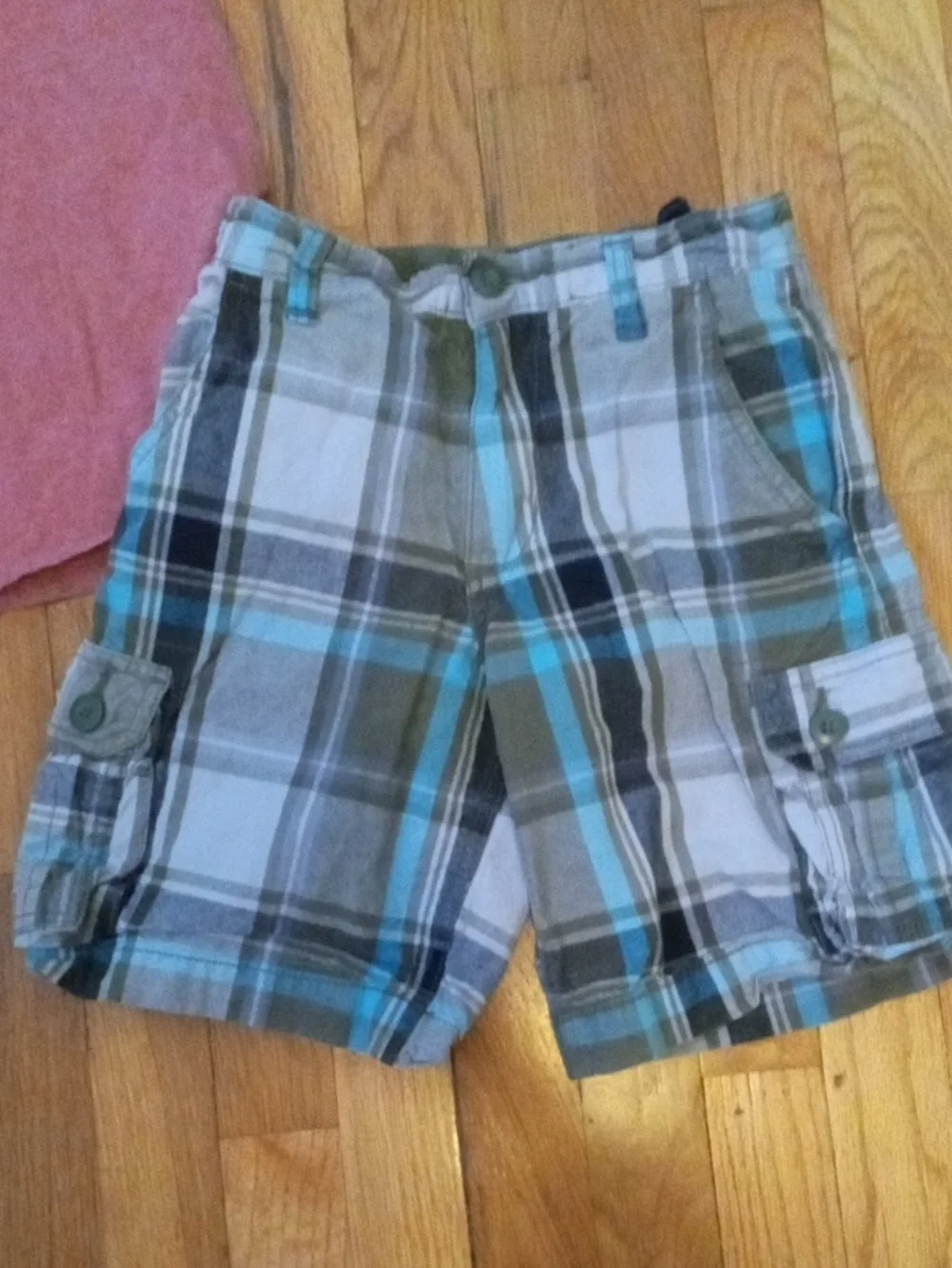 boys 8 plaid cargo shorts and red short sleeve tee POLO